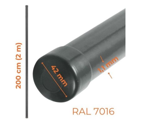 SŁUPEK OGRODZENIOWY RURA FI 42MM 1.1MM 2M ANTRACYT RAL 7016